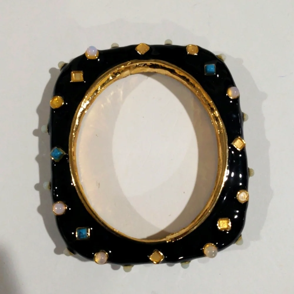 Gold tone Black Enamel Colorful Dainty Bangle Bracelet - Women's Fashion Jewelry